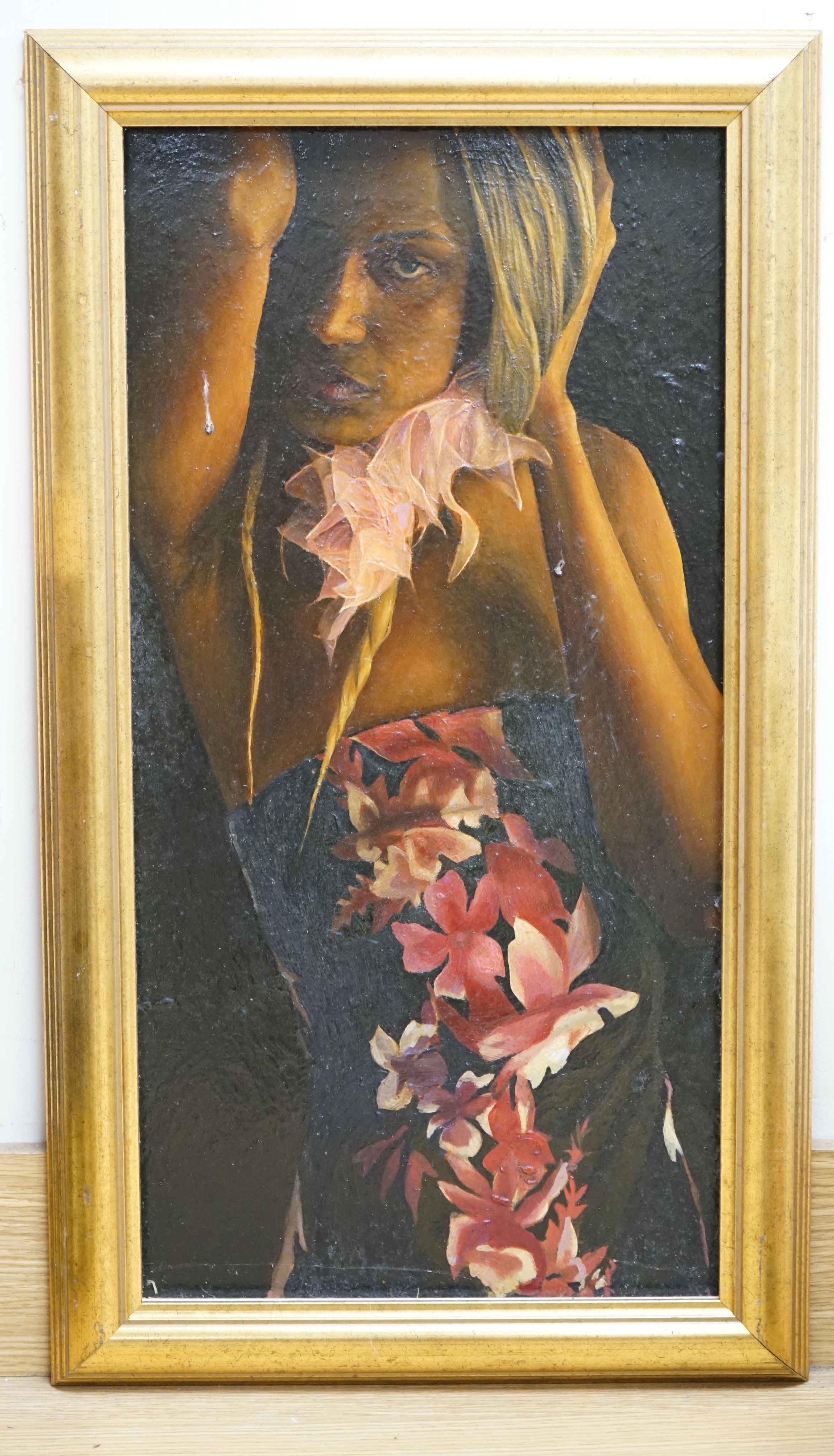 Modern British, oil on board, Woman wearing a floral dress, 60 x 30cm